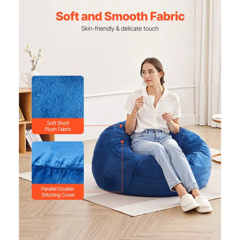 VEVOR Bean Bag Chair, 3 feet Round Bean Bag Chair with Removable and Washable Cover, 25D Memory Foam Filled with Soft and Smooth Dutch Velvet, Bean Bag for Bedroom or Playroom, Blue