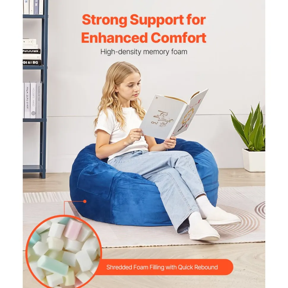 VEVOR Bean Bag Chair, 3 feet Round Bean Bag Chair with Removable and Washable Cover, 25D Memory Foam Filled with Soft and Smooth Dutch Velvet, Bean Bag for Bedroom or Playroom, Blue