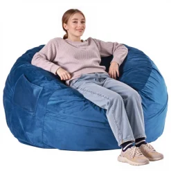 VEVOR Bean Bag Chair, Round BeanBag Chair with Removable & Washable Cover for Adult, Dutch Velvet & High-Density Foam Filling Adult Bean Bag with Handle and Side Pocket for Living Room, Bedroom, Blue