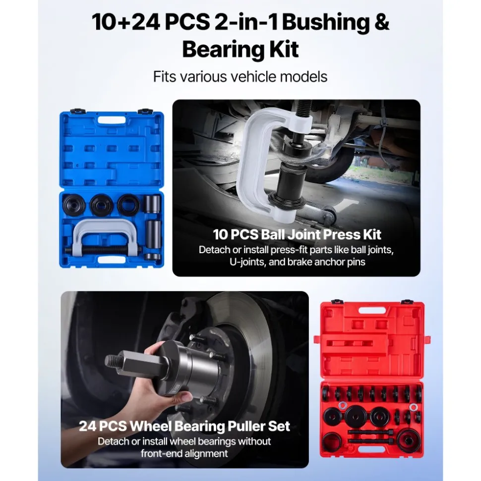 VEVOR Bearing Press Kit, 10+24 Pcs, 2 in 1 Ball Joint Press & Wheel Bearing Puller Kit, Race and Seal Driver Set with 13 Bushings, C-Frame and Sleeves, Heavy Duty Removal Installation Set with Case