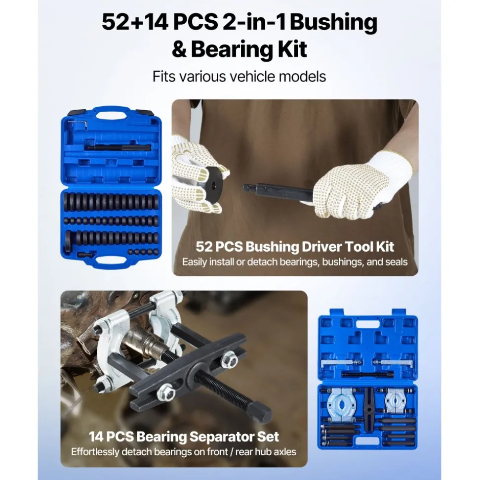 VEVOR Bearing Press Kit, 52+14 Pcs, 2 in 1 Bushing Driver Tool & Bearing Press Kit, Race and Seal Driver Set with 49 Bushings, Separators and Jaws, Heavy Duty Removal Installation Tool Set with Case
