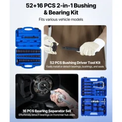 VEVOR Bearing Press Kit, 52+16 Pcs, 2 in 1 Bushing Driver Tool & Bearing Press Kit, Race and Seal Driver Set with 49 Bushings, 10 Collets, Slide Hammer, Heavy Duty Removal Installation Set with Case