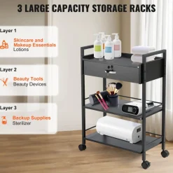 VEVOR Beauty Salon Trolley Cart, 3-Tier Hair Salon Stations Cabinet for Stylist with Lockable Drawer, MDF Rolling Storage Station with 4 Wheels (2 Lockable) for Beauty SPA Barbershop Tattoo