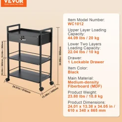 VEVOR Beauty Salon Trolley Cart, 3-Tier Hair Salon Stations Cabinet for Stylist with Lockable Drawer, MDF Rolling Storage Station with 4 Wheels (2 Lockable) for Beauty SPA Barbershop Tattoo