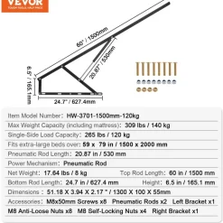VEVOR Bed Lift, 59x79 in Compatible Extra-large Size 309 lbs Load Bearing, DIY Wall Bed Mechanical Hardware Kit Vertical Deluxe, Pneumatic Lever Heavy Duty Support, Folding for Guestroom