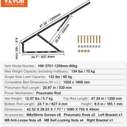 VEVOR Bed Lift, 59x71 in Compatible Bed Size 154 lbs Load Bearing, DIY Wall Bed Mechanical Hardware Kit Vertical Deluxe, Pneumatic Lever Heavy Duty Bed Support, Folding Wall Bed for Guestroom