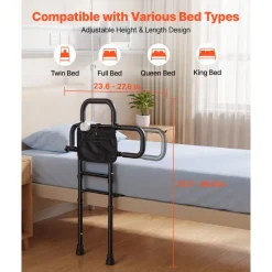 VEVOR Bed Rail for Elderly Adult Folding Bed Assist Rail with Floor Support, Motion Sensor LED Light, 300LBS Dual-Handle Support, Adjustable Handle Length, Storage Pocket, Fit King Queen Full Twin Bed