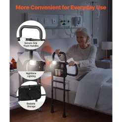 VEVOR Bed Rail for Elderly Adult Folding Bed Assist Rail with Floor Support, Motion Sensor LED Light, 300LBS Dual-Handle Support, Adjustable Handle Length, Storage Pocket, Fit King Queen Full Twin Bed