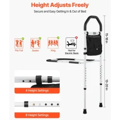 VEVOR Bed Rail for Elderly, Bedside Assist Rails with Supporting Leg and PU Handrail, Adjustable Height Carbon Steel Pipe Bedside Cane, Bed Bars for Seniors & Patients, Fits King, Queen, Full, Twin
