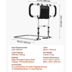 VEVOR Bed Rail for Elderly, Foldable & Extendable Bedside Assist Rail with Side Handles & PU Handrail, Adjustable Height Carbon Steel Pipe Bedside Cane, Senior Bed Bar Fits King, Queen, Full, Twin