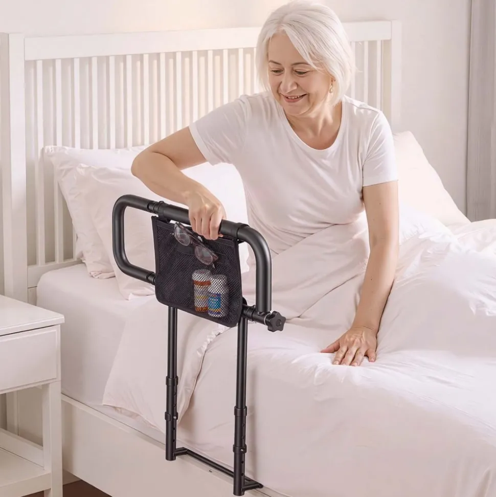 VEVOR Bed Rails for Elderly Adults Folding Bed Side Assist Rail for Seniors, Length & Height Adjustable, High-Strength Steel Bed Cane with Storage Pocket, Fits King Queen Full Twin Bed, 300LBS Support