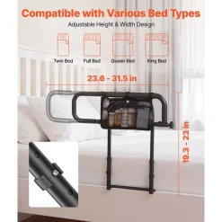 VEVOR Bed Rails for Elderly Adults Folding Bed Side Assist Rail for Seniors, Length & Height Adjustable, High-Strength Steel Bed Cane with Storage Pocket, Fits King Queen Full Twin Bed, 300LBS Support