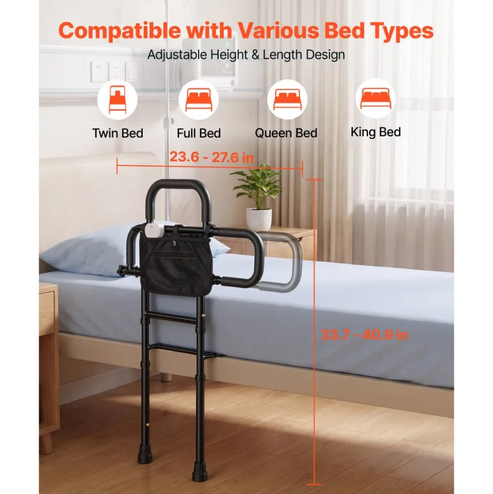 VEVOR Bed Rails for Elderly Adults 200LBS Capacity Bed Side Assist Rail, High-Strength Steel, L-Shaped Bedside Cane for Seniors, Adjustable Handle Length, Fits King Queen Full Twin Beds