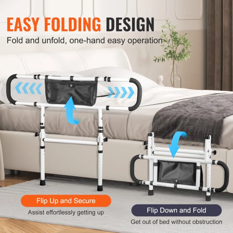 VEVOR Bed Rails for Elderly Adults, 180° Foldable Bed Assist Rails for Seniors, 450LBS Loading Bed Side Rails Bed Cane with 4-Level Adjustable Handle, Storage Pocket Fits King Queen Full Twin Bed