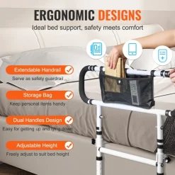 VEVOR Bed Rails for Elderly Adults, 180° Foldable Bed Assist Rails for Seniors, 450LBS Loading Bed Side Rails Bed Cane with 4-Level Adjustable Handle, Storage Pocket Fits King Queen Full Twin Bed