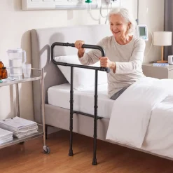 VEVOR Bed Rails for Elderly Adults Folding Bed Side Rail with Floor Support, Length & Height Adjustable, High-Strength Steel Bedside Assist Cane, Fits King Queen Full Twin Bed, 300LBS Strong Capacity