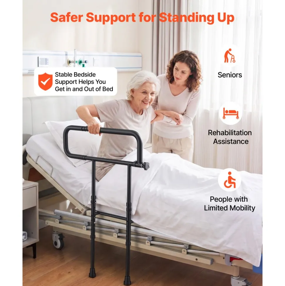 VEVOR Bed Rails for Elderly Adults Folding Bed Side Rail with Floor Support, Length & Height Adjustable, High-Strength Steel Bedside Assist Cane, Fits King Queen Full Twin Bed, 300LBS Strong Capacity