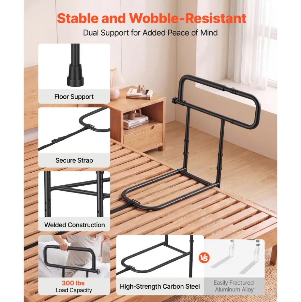 VEVOR Bed Rails for Elderly Adults Folding Bed Side Rail with Floor Support, Length & Height Adjustable, High-Strength Steel Bedside Assist Cane, Fits King Queen Full Twin Bed, 300LBS Strong Capacity