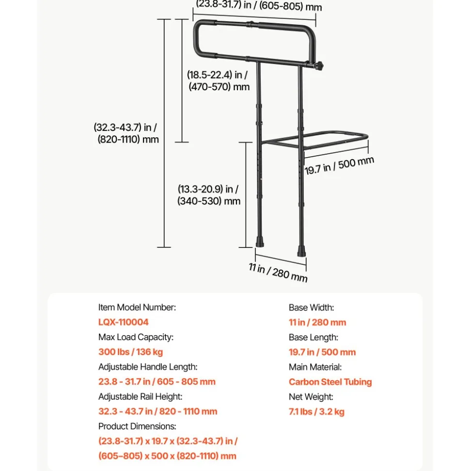 VEVOR Bed Rails for Elderly Adults Folding Bed Side Rail with Floor Support, Length & Height Adjustable, High-Strength Steel Bedside Assist Cane, Fits King Queen Full Twin Bed, 300LBS Strong Capacity