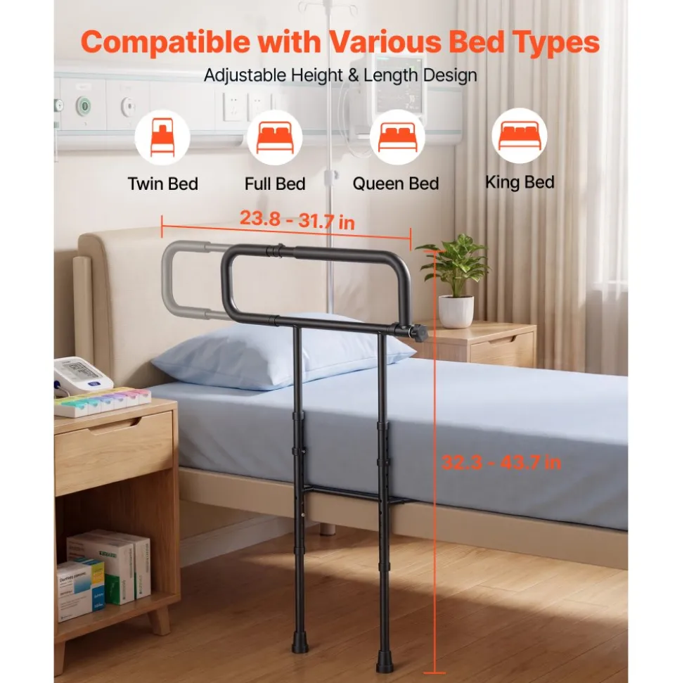 VEVOR Bed Rails for Elderly Adults Folding Bed Side Rail with Floor Support, Length & Height Adjustable, High-Strength Steel Bedside Assist Cane, Fits King Queen Full Twin Bed, 300LBS Strong Capacity