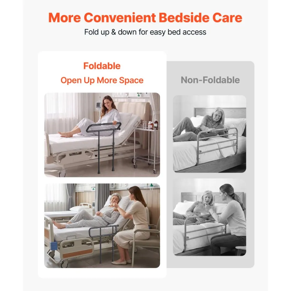 VEVOR Bed Rails for Elderly Adults Folding Bed Side Rail with Floor Support, Length & Height Adjustable, High-Strength Steel Bedside Assist Cane, Fits King Queen Full Twin Bed, 300LBS Strong Capacity