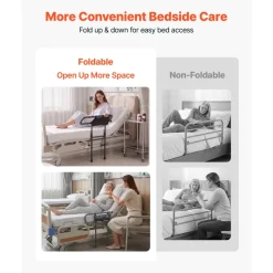 VEVOR Bed Rails for Elderly Adults Folding Bed Side Rail with Floor Support, Length & Height Adjustable, 300LBS Strong Capacity, Bedside Assist Cane with Storage Pocket, Fits King Queen Full Twin Bed