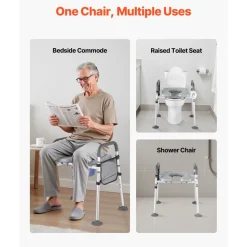 VEVOR Bedside Commode Chair, 500 lbs Capacity, 4-in-1 Portable Toilet and Raised Toilet Seat with Padded Seat & Armrest, Detachable 5L Bucket, Adjustable Height & Width Adult Potty Chair for Seniors