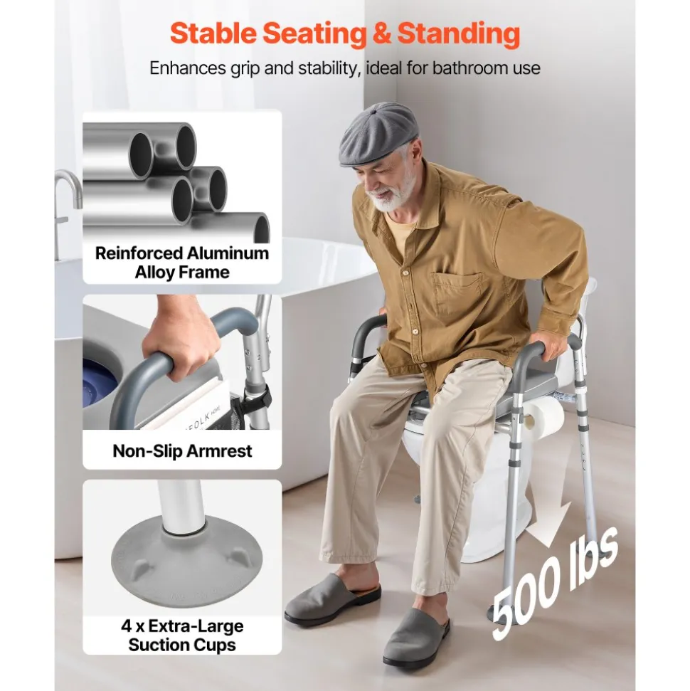 VEVOR Bedside Commode Chair, 500 lbs Capacity, 4-in-1 Portable Toilet and Raised Toilet Seat with Padded Seat & Backrest, Detachable 5L Bucket, Adjustable Height & Width Adult Potty Chair for Seniors