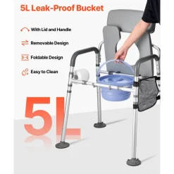VEVOR Bedside Commode Chair, 500 lbs Capacity, 4-in-1 Portable Toilet and Raised Toilet Seat with Padded Seat & Backrest, Detachable 5L Bucket, Adjustable Height & Width Adult Potty Chair for Seniors