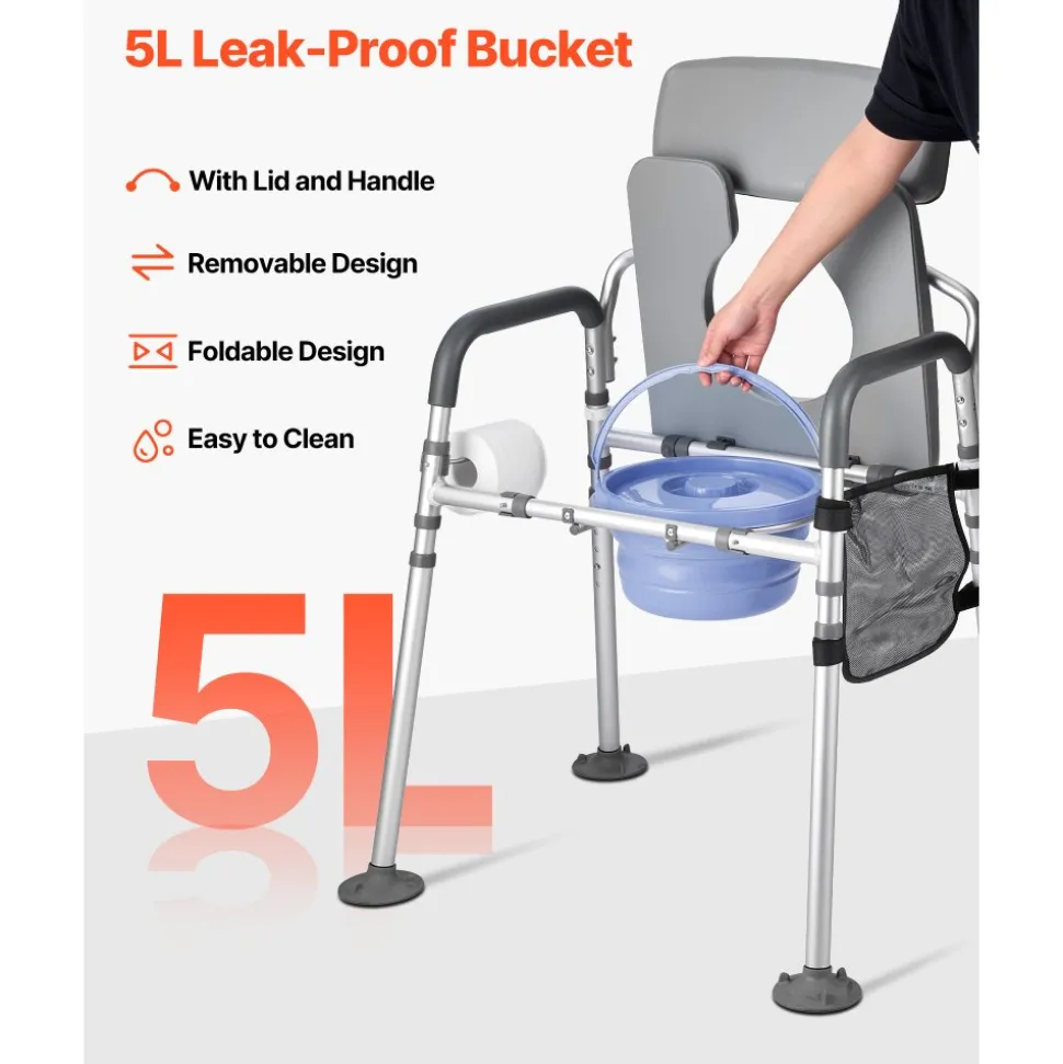 VEVOR Bedside Commode Chair, 500 lbs Capacity, 4-in-1 Portable Toilet and Raised Toilet Seat with Padded Seat & Backrest, Detachable 5L Bucket, Adjustable Height & Width Adult Potty Chair for Seniors
