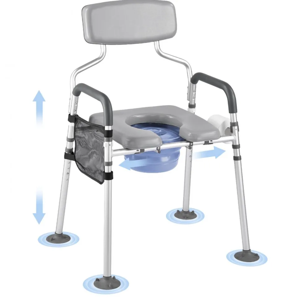 VEVOR Bedside Commode Chair, 500 lbs Capacity, 4-in-1 Portable Toilet and Raised Toilet Seat with Padded Seat & Backrest, Detachable 5L Bucket, Adjustable Height & Width Adult Potty Chair for Seniors