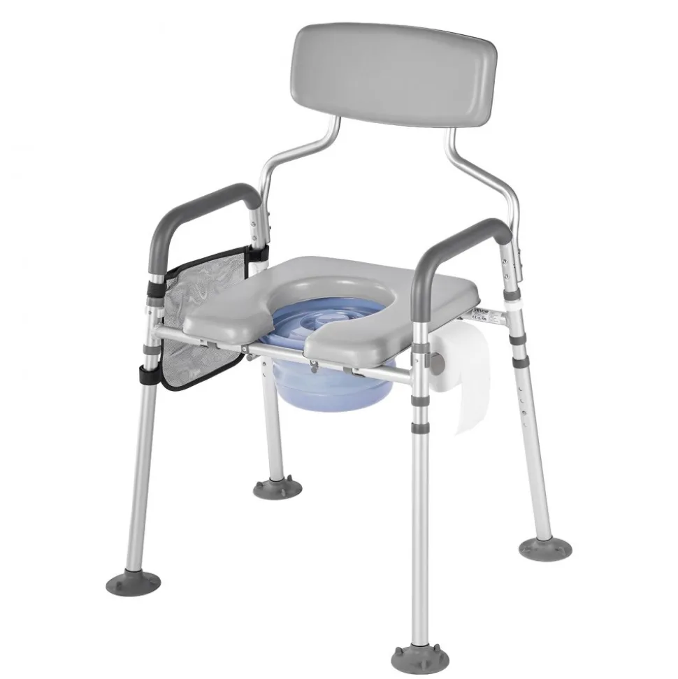 VEVOR Bedside Commode Chair, 500 lbs Capacity, 4-in-1 Portable Toilet and Raised Toilet Seat with Padded Seat & Backrest, Detachable 5L Bucket, Adjustable Height & Width Adult Potty Chair for Seniors