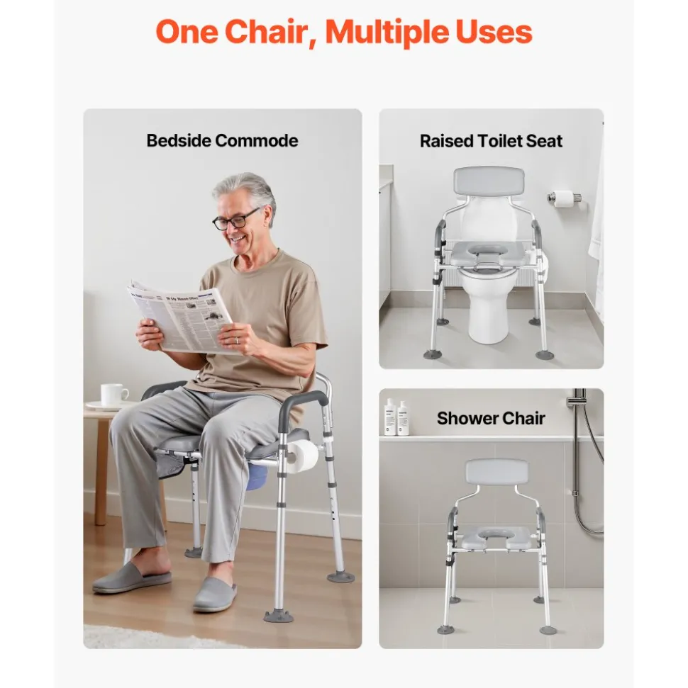 VEVOR Bedside Commode Chair, 500 lbs Capacity, 4-in-1 Portable Toilet and Raised Toilet Seat with Padded Seat & Backrest, Detachable 5L Bucket, Adjustable Height & Width Adult Potty Chair for Seniors