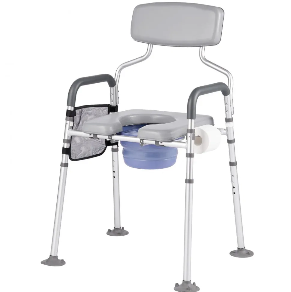 VEVOR Bedside Commode Chair, 500 lbs Capacity, 4-in-1 Portable Toilet and Raised Toilet Seat with Padded Seat & Backrest, Detachable 5L Bucket, Adjustable Height & Width Adult Potty Chair for Seniors