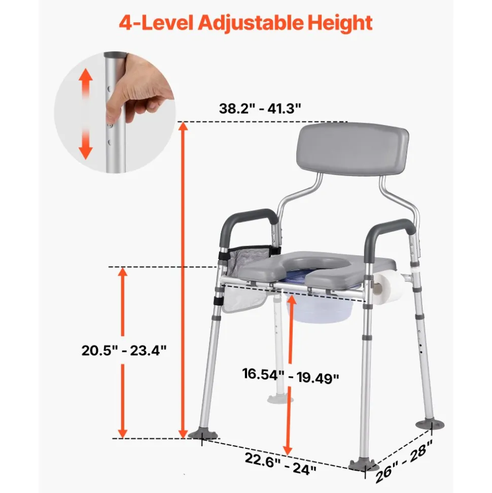 VEVOR Bedside Commode Chair, 500 lbs Capacity, 4-in-1 Portable Toilet and Raised Toilet Seat with Padded Seat & Backrest, Detachable 5L Bucket, Adjustable Height & Width Adult Potty Chair for Seniors