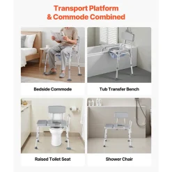 VEVOR Bedside Commode Chair, 500 lbs Weight Capacity, 4-in-1 Portable Toilet and Raised Toilet Seat with Padded Seat and Backrest, Detachable 5L Bucket, Adjustable Height Adult Potty Chair for Seniors
