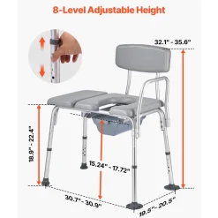 VEVOR Bedside Commode Chair, 500 lbs Weight Capacity, 4-in-1 Portable Toilet and Raised Toilet Seat with Padded Seat and Backrest, Detachable 5L Bucket, Adjustable Height Adult Potty Chair for Seniors