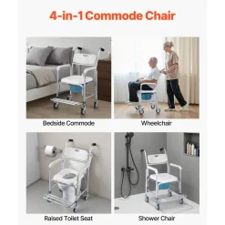 VEVOR Bedside Commode Chair with Wheels, 350 lbs Capacity, 4-in-1 Portable Toilet and Raised Toilet Seat with Padded Seat/Backrest/Flip-up Footrest, Detachable 5L Bucket, Shower Wheelchair for Seniors