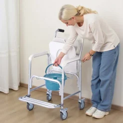 VEVOR Bedside Commode Chair with Wheels, 350 lbs Capacity, 4-in-1 Portable Toilet and Raised Toilet Seat with Padded Seat/Backrest/Flip-up Footrest, Detachable 5L Bucket, Shower Wheelchair for Seniors