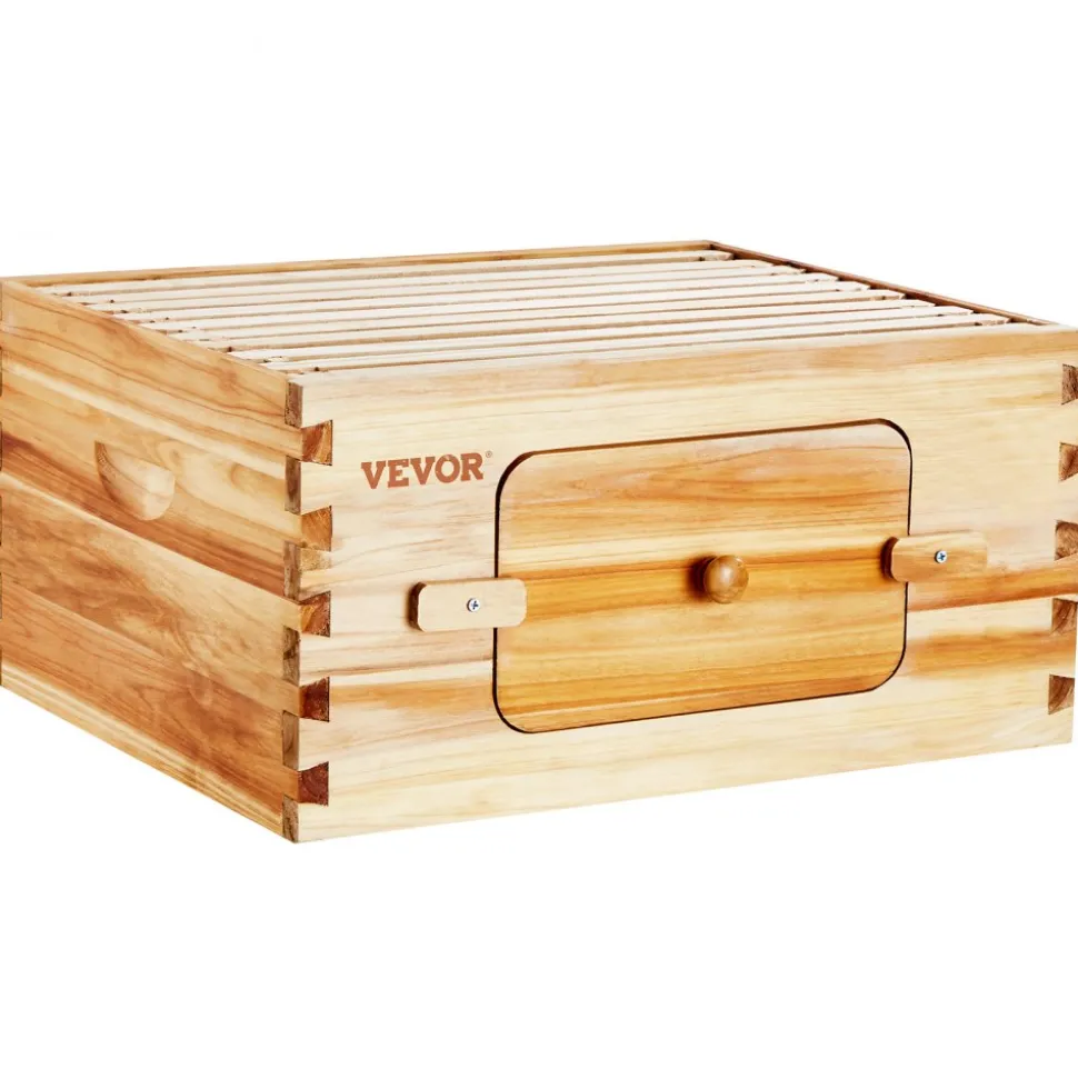 VEVOR Bee Hive Deep Box Starter Kit, 100% Beeswax Coated Natural Fir Wood, Langstroth Beehive Kit with 10 Frames and Foundations, Transparent Acrylic Bee Windows for Beginners and Pro Beekeepers