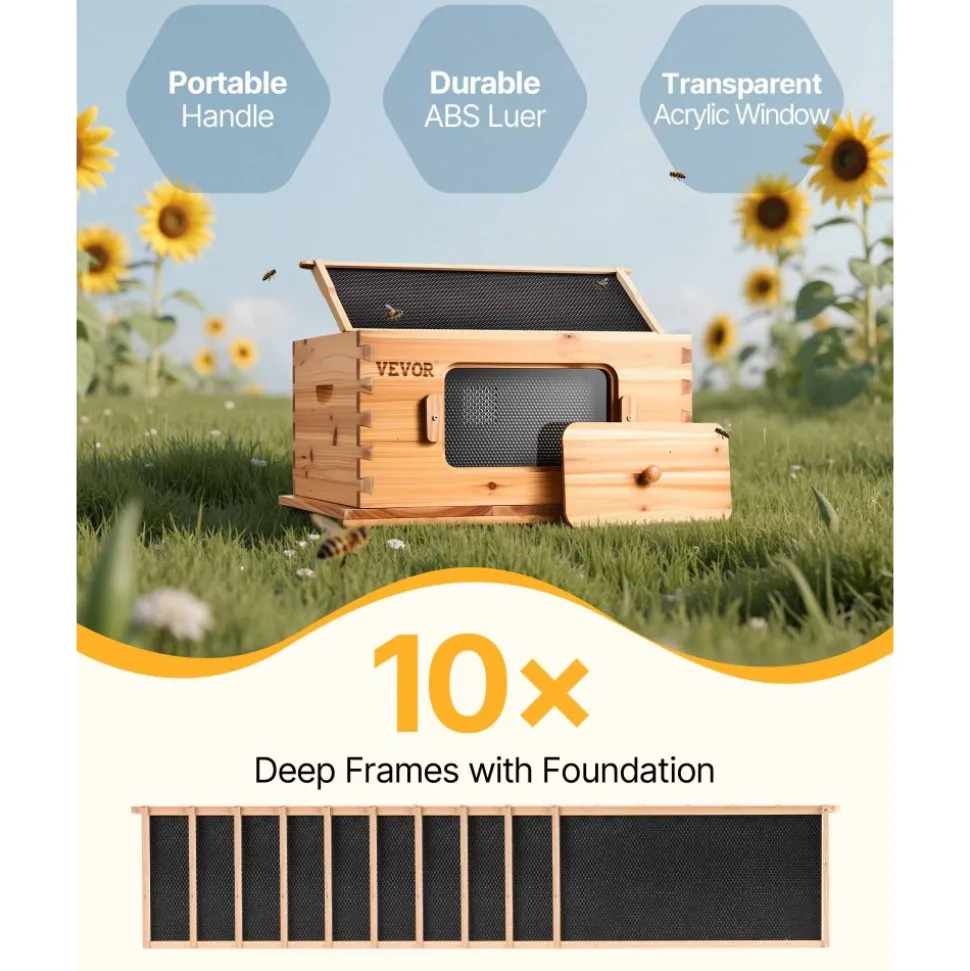 VEVOR Bee Hive Deep Box Starter Kit, 100% Beeswax Coated Natural Fir Wood, Langstroth Beehive Kit with 10 Frames and Foundations, Transparent Acrylic Bee Windows for Beginners and Pro Beekeepers