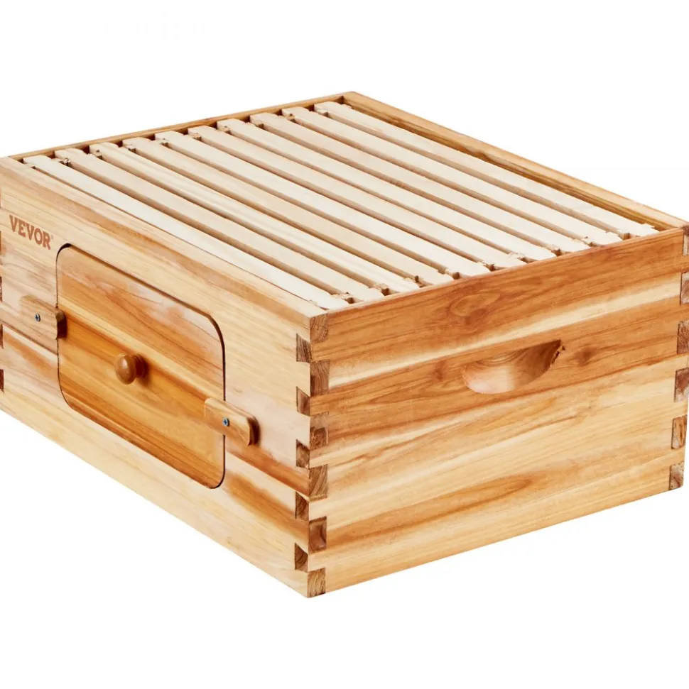 VEVOR Bee Hive Deep Box Starter Kit, 100% Beeswax Coated Natural Fir Wood, Langstroth Beehive Kit with 10 Frames and Foundations, Transparent Acrylic Bee Windows for Beginners and Pro Beekeepers
