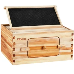 VEVOR Bee Hive Deep Box Starter Kit, 100% Beeswax Coated Natural Fir Wood, Langstroth Beehive Kit with 10 Frames and Foundations, Transparent Acrylic Bee Windows for Beginners and Pro Beekeepers