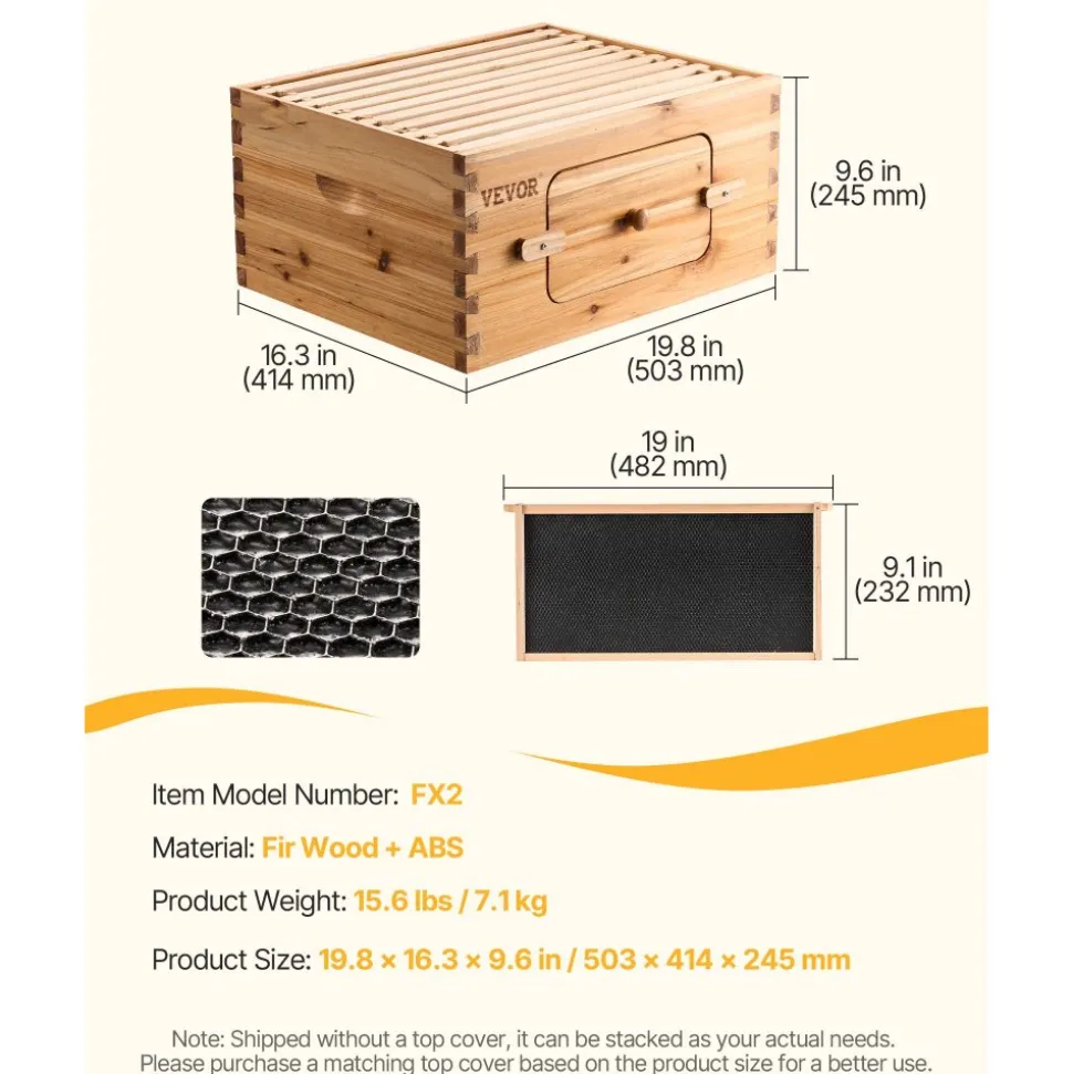 VEVOR Bee Hive Deep Box Starter Kit, 100% Beeswax Coated Natural Fir Wood, Langstroth Beehive Kit with 10 Frames and Foundations, Transparent Acrylic Bee Windows for Beginners and Pro Beekeepers