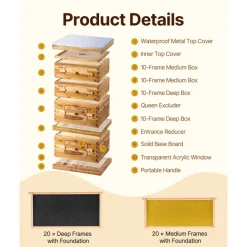 VEVOR Bee Hive 40 Frame Bee Hives Starter Kit, Beeswax Coated Fir Wood, 2 Deep + 2 Medium Bee Boxes Langstroth Beehive Kit, Transparent Acrylic Windows with Foundations for Beginners Pro Beekeepers