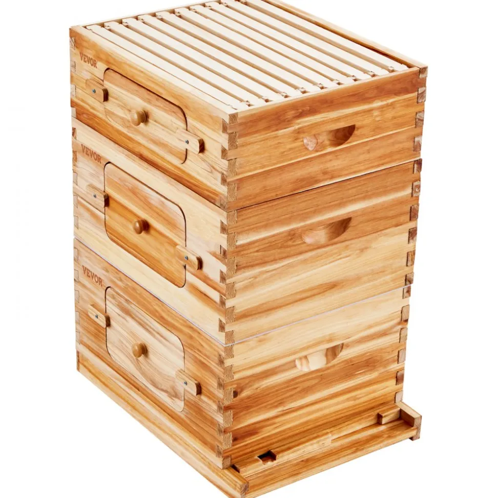 VEVOR Bee Hive 20 Frame Bee Hives Starter Kit, Beeswax Coated Fir Wood, 1 Deep + 1 Medium Bee Boxes Langstroth Beehive Kit, Transparent Acrylic Windows with Foundations for Beginners Pro Beekeepers
