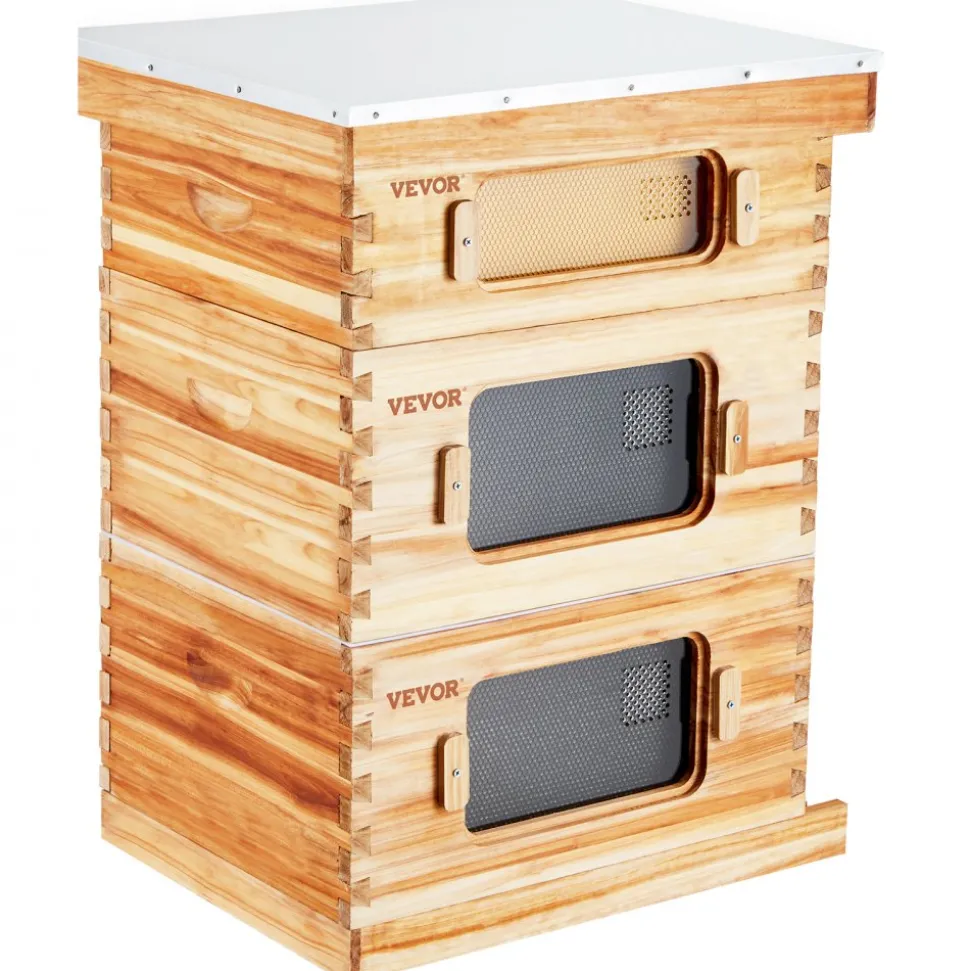 VEVOR Bee Hive 20 Frame Bee Hives Starter Kit, Beeswax Coated Fir Wood, 1 Deep + 1 Medium Bee Boxes Langstroth Beehive Kit, Transparent Acrylic Windows with Foundations for Beginners Pro Beekeepers