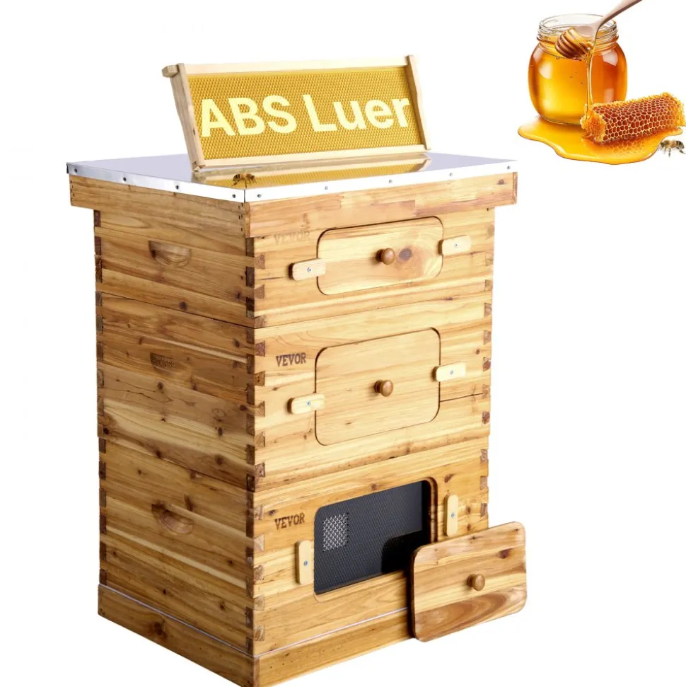 VEVOR Bee Hive 20 Frame Bee Hives Starter Kit, Beeswax Coated Fir Wood, 1 Deep + 1 Medium Bee Boxes Langstroth Beehive Kit, Transparent Acrylic Windows with Foundations for Beginners Pro Beekeepers