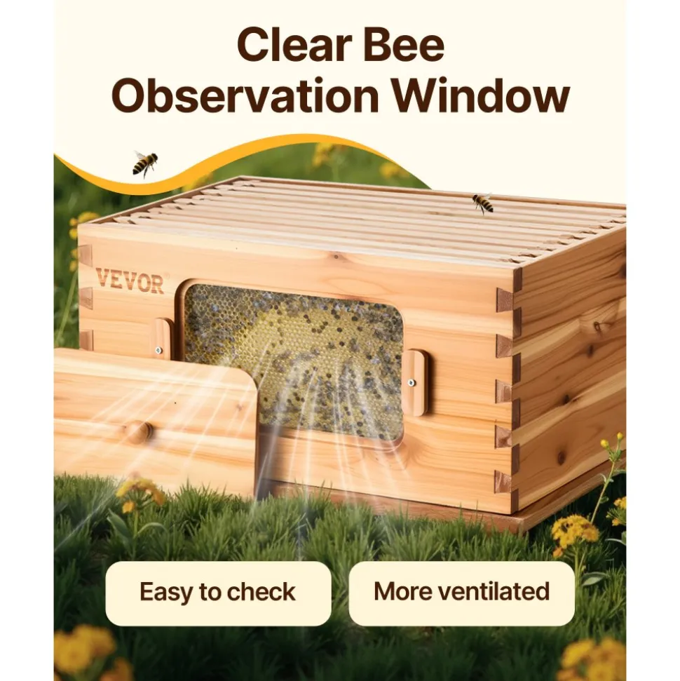 VEVOR Bee Hive 20 Frame Bee Hives Starter Kit, Beeswax Coated Fir Wood, 1 Deep + 1 Medium Bee Boxes Langstroth Beehive Kit, Transparent Acrylic Windows with Foundations for Beginners Pro Beekeepers