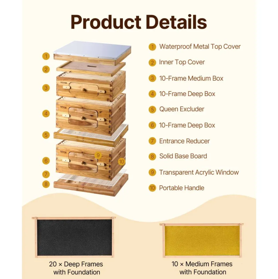 VEVOR Bee Hive 20 Frame Bee Hives Starter Kit, Beeswax Coated Fir Wood, 1 Deep + 1 Medium Bee Boxes Langstroth Beehive Kit, Transparent Acrylic Windows with Foundations for Beginners Pro Beekeepers